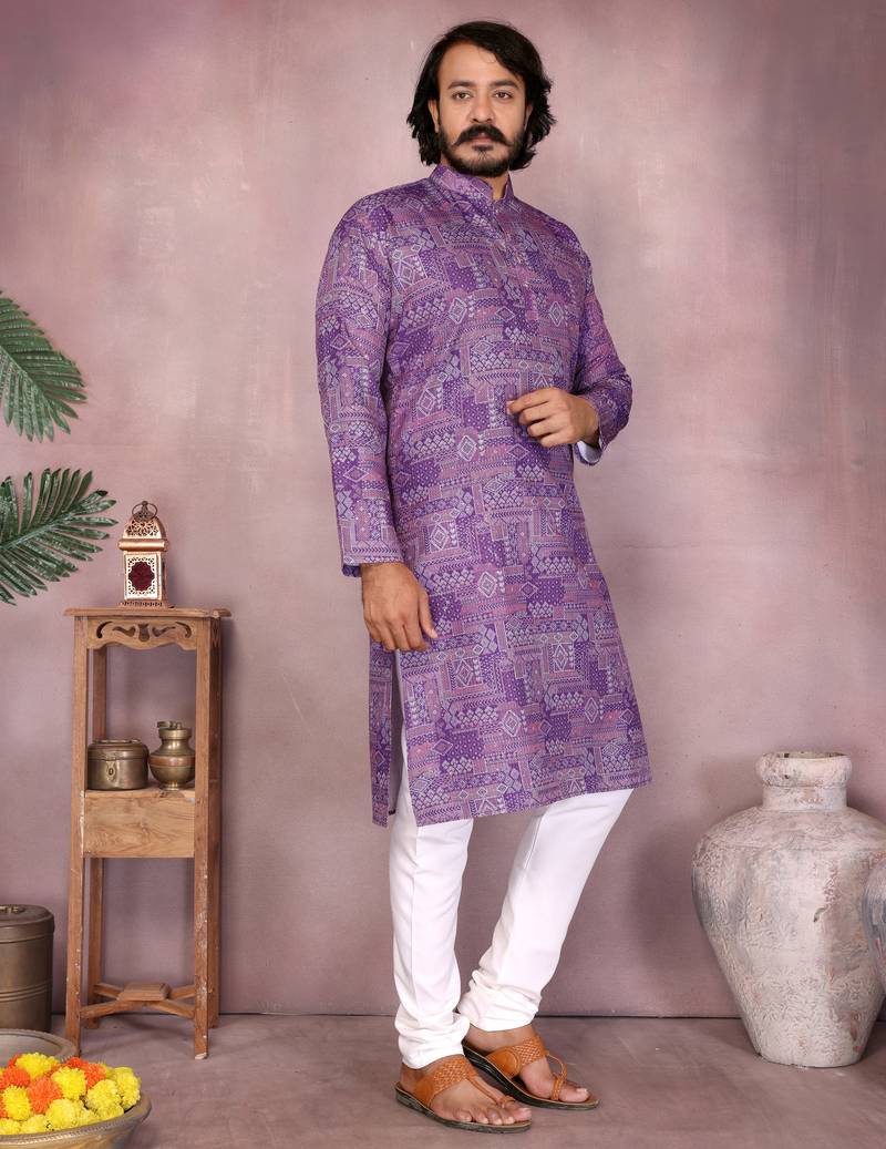 Purple geometric printed blended cotton kurta pyjama set for men