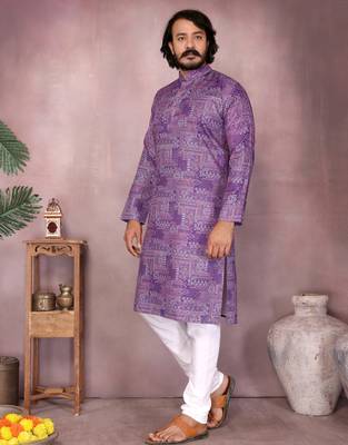 Purple geometric printed blended cotton kurta pyjama set for men 3