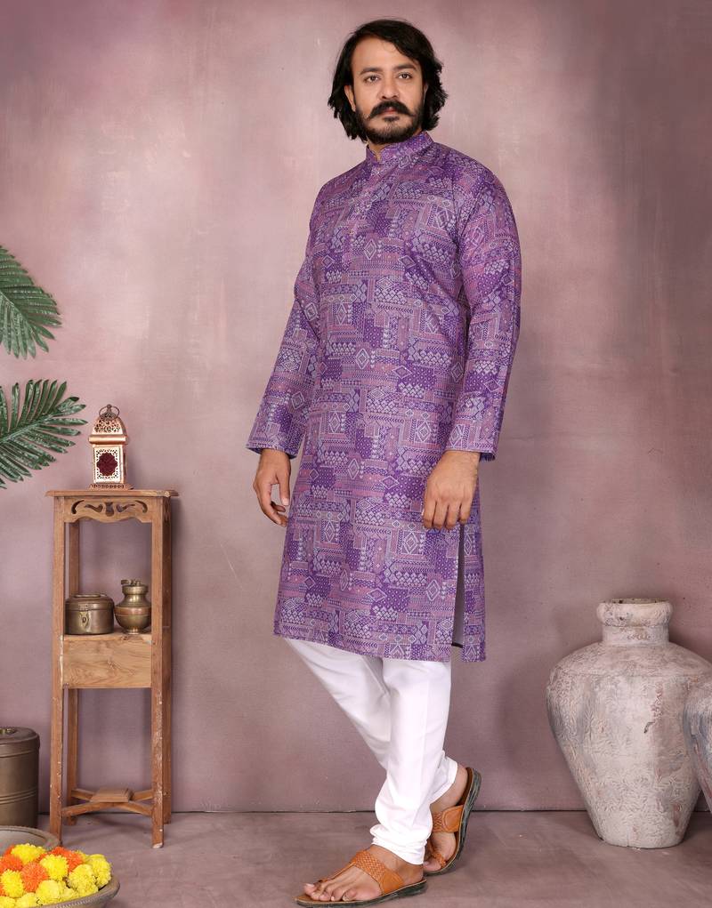 Purple geometric printed blended cotton kurta pyjama set for men