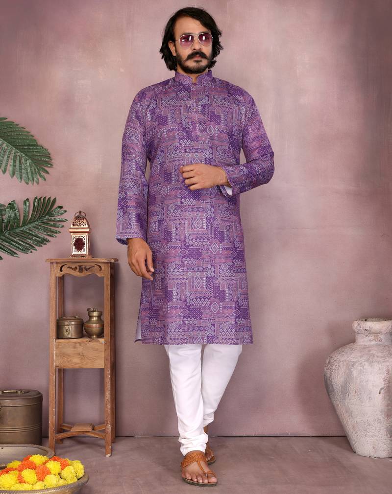 Purple geometric printed blended cotton kurta pyjama set for men