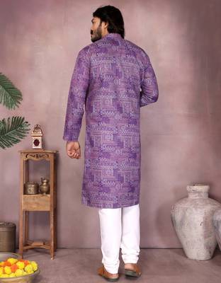Purple geometric printed blended cotton kurta pyjama set for men 5