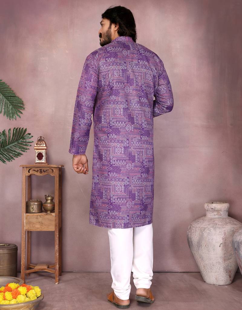 Purple geometric printed blended cotton kurta pyjama set for men
