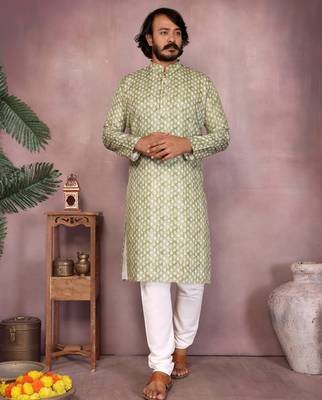 Olive green woven cotton blend band collar kurta pyjama set for men 1