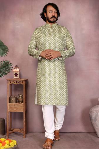Olive green woven cotton blend band collar kurta pyjama set for men