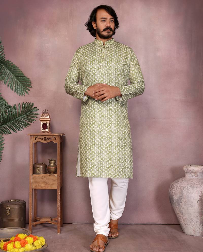 Olive green woven cotton blend band collar kurta pyjama set for men