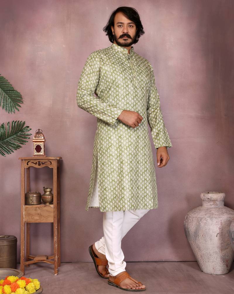 Olive green woven cotton blend band collar kurta pyjama set for men