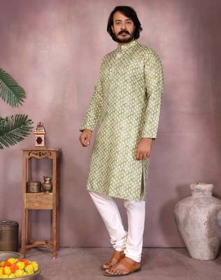 Olive green woven cotton blend band collar kurta pyjama set for men 3