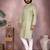 Olive green woven cotton blend band collar kurta pyjama set for men