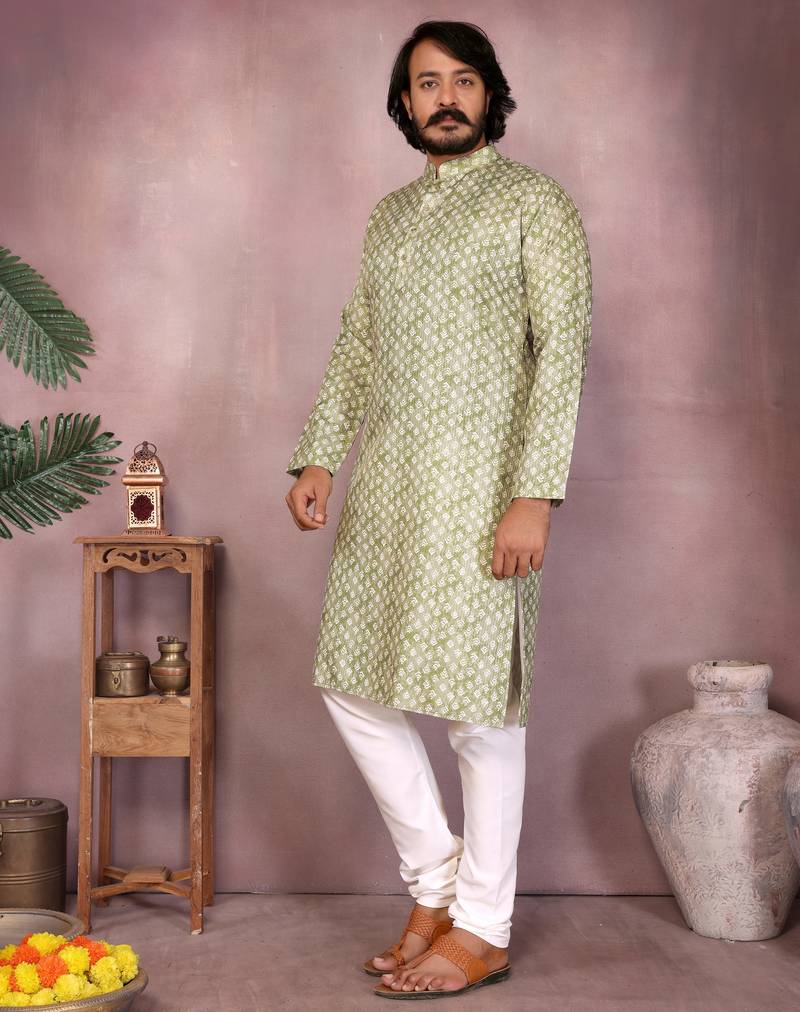 Olive green woven cotton blend band collar kurta pyjama set for men