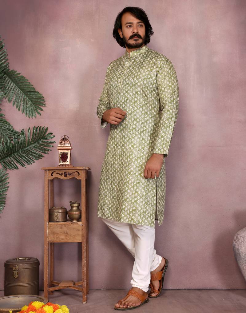 Olive green woven cotton blend band collar kurta pyjama set for men