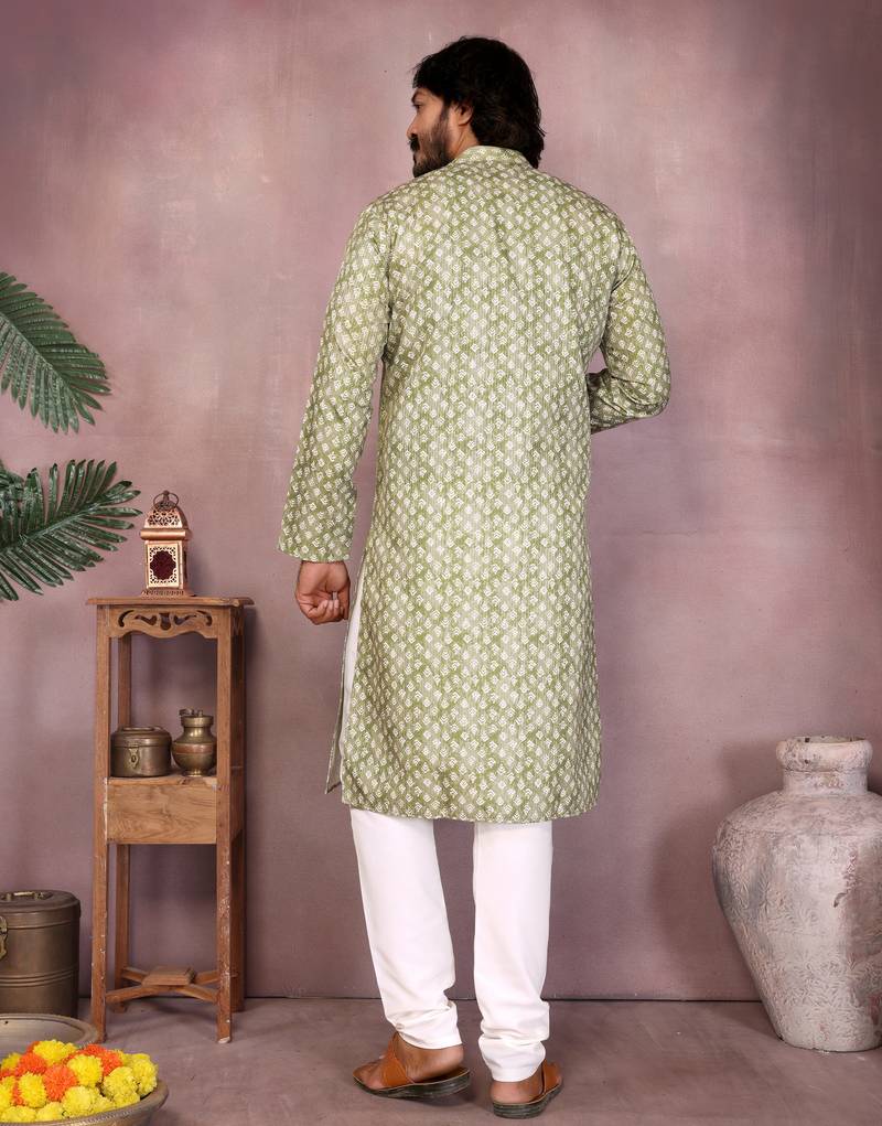 Olive green woven cotton blend band collar kurta pyjama set for men