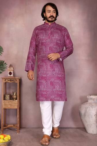 Magenta geometric printed cotton blend kurta with band collar & white pyjama