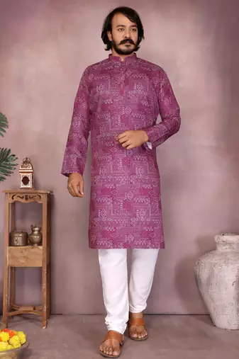 Magenta geometric printed cotton blend kurta with band collar & white pyjama