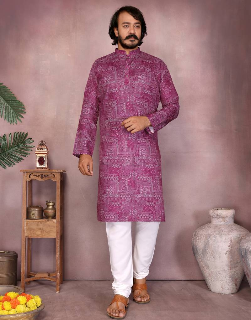 Magenta geometric printed cotton blend kurta with band collar & white pyjama