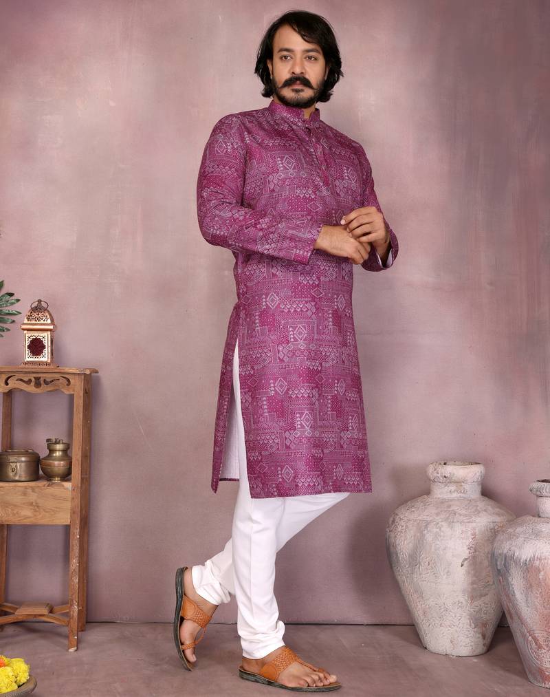 Magenta geometric printed cotton blend kurta with band collar & white pyjama