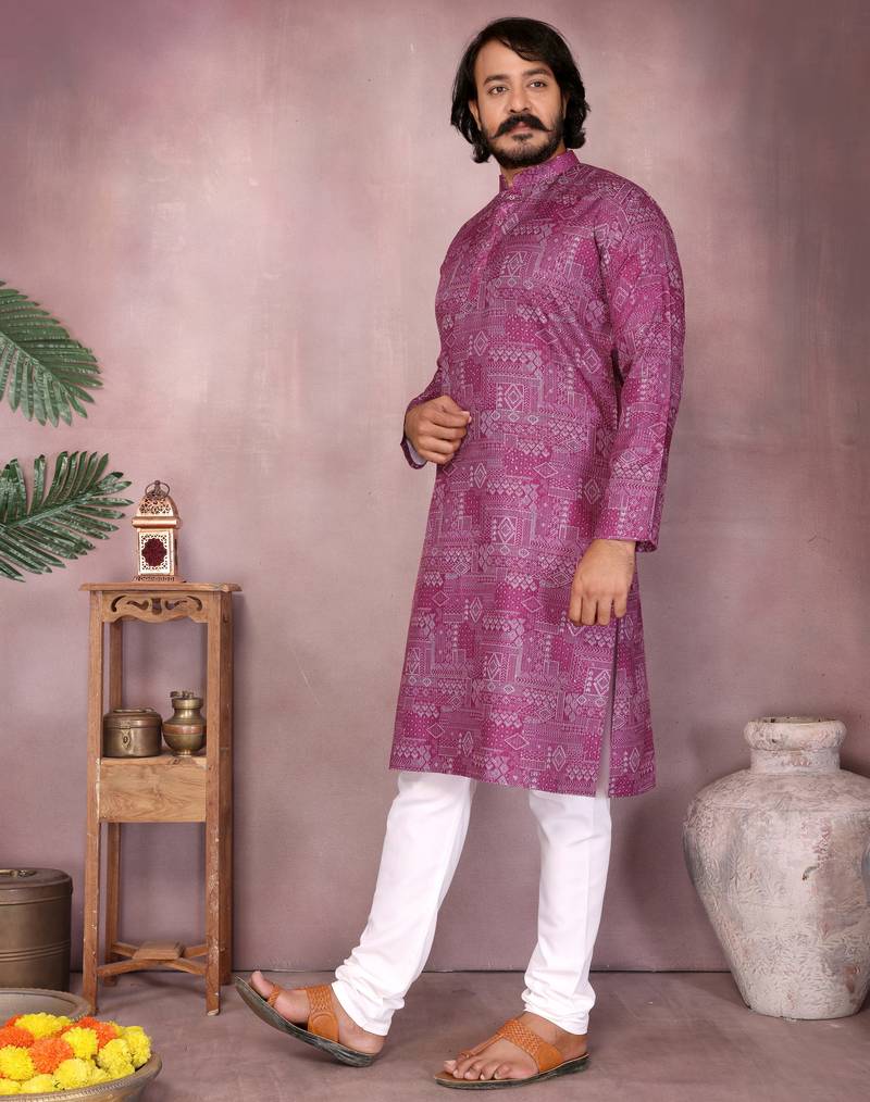 Magenta geometric printed cotton blend kurta with band collar & white pyjama