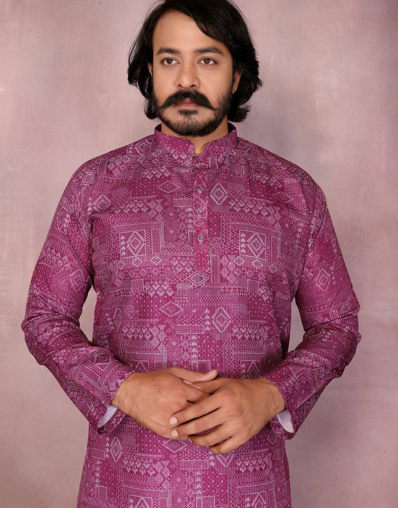 Magenta geometric printed cotton blend kurta with band collar & white pyjama