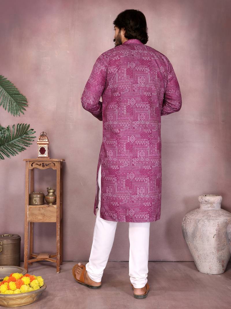 Magenta geometric printed cotton blend kurta with band collar & white pyjama