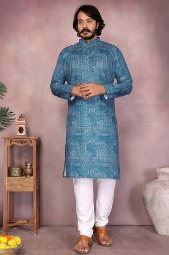 Blue printed blended cotton mandarin collar kurta with white pyjama | men   s festive set