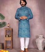Blue printed blended cotton mandarin collar kurta with white pyjama | men   s festive set