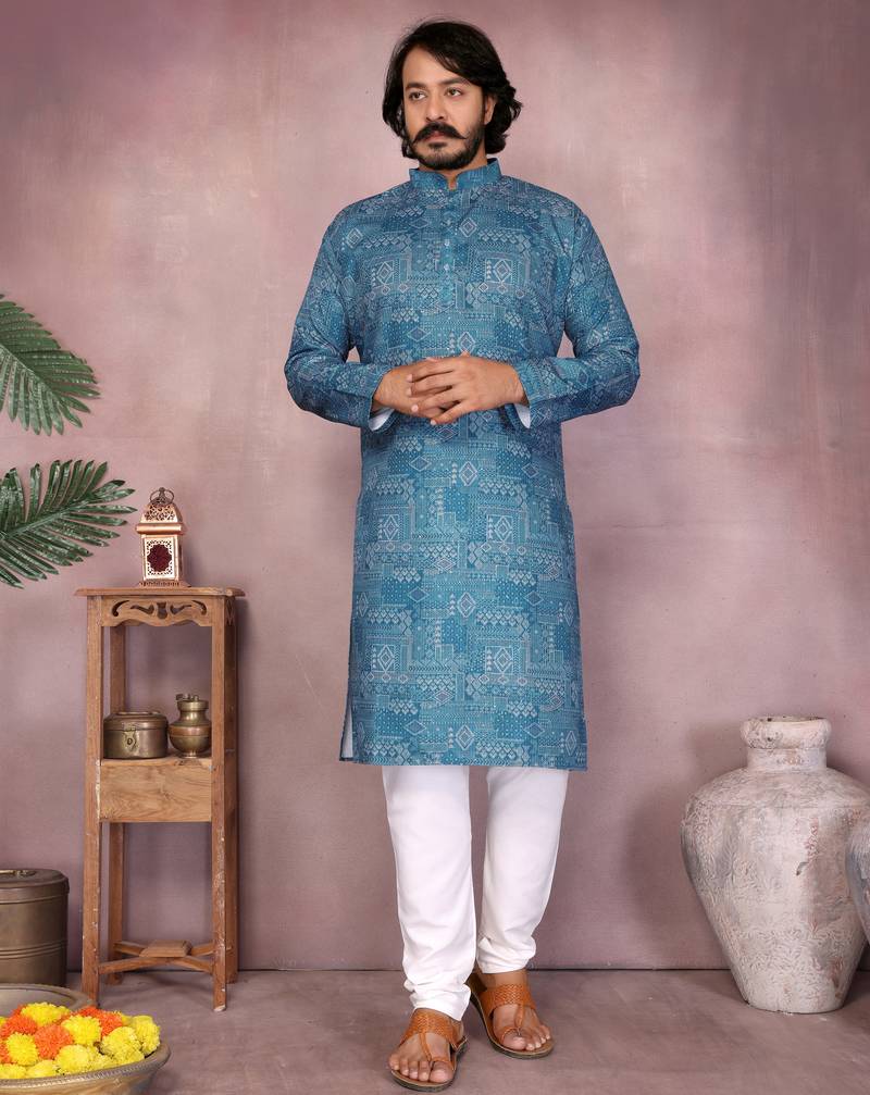Blue printed blended cotton mandarin collar kurta with white pyjama | men   s festive set