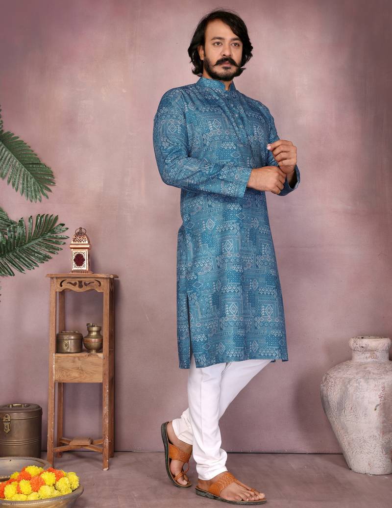 Blue printed blended cotton mandarin collar kurta with white pyjama | men   s festive set