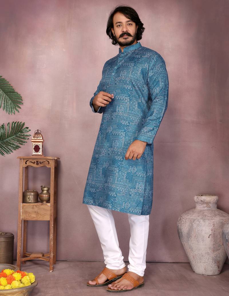 Blue printed blended cotton mandarin collar kurta with white pyjama | men   s festive set
