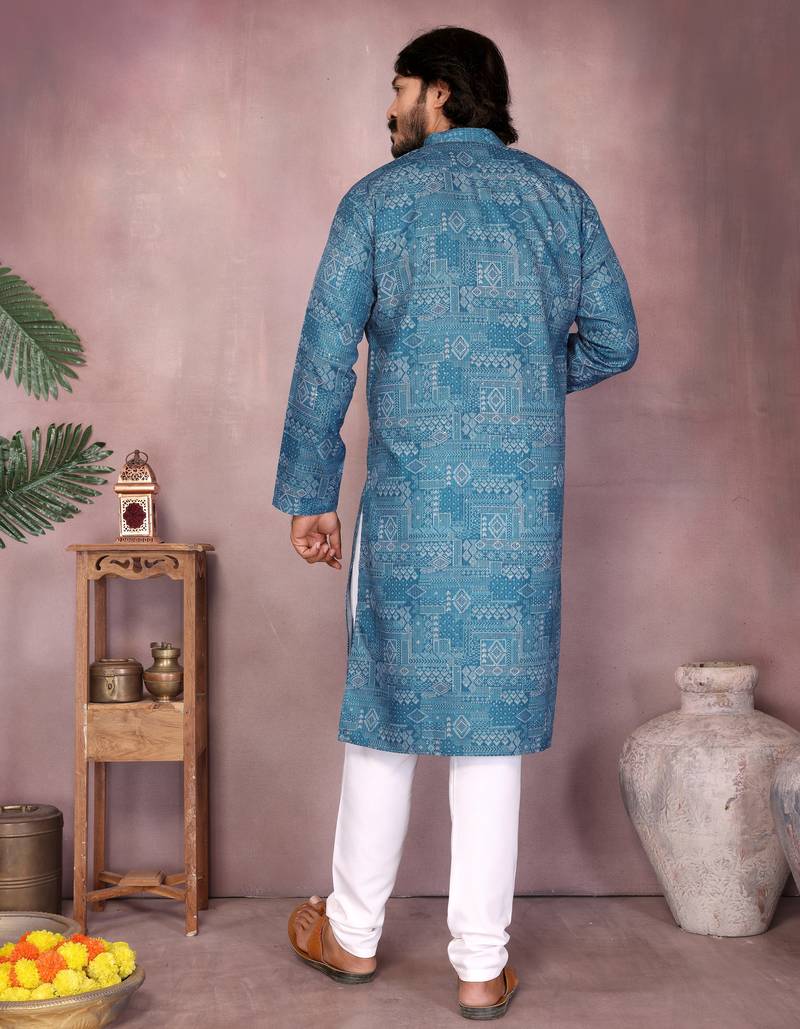 Blue printed blended cotton mandarin collar kurta with white pyjama | men   s festive set