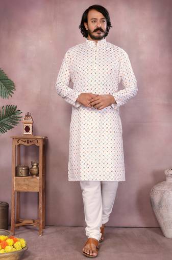 White geometric printed cotton blend band collar men's kurta pyjama set