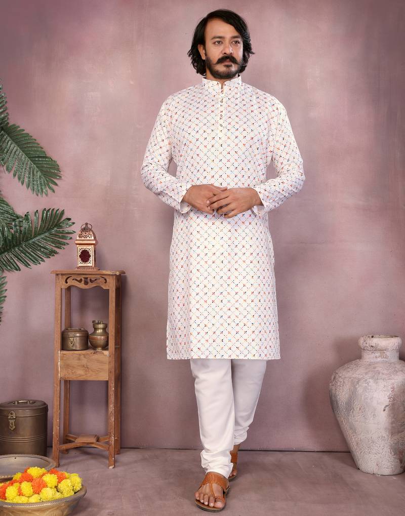White geometric printed cotton blend band collar men's kurta pyjama set