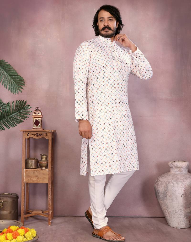 White geometric printed cotton blend band collar men's kurta pyjama set