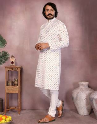 White geometric printed cotton blend band collar men's kurta pyjama set 3