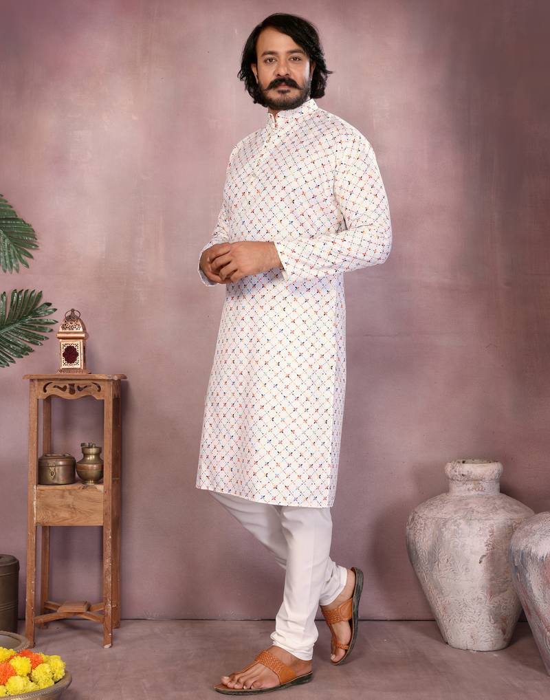 White geometric printed cotton blend band collar men's kurta pyjama set