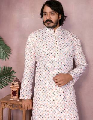 White geometric printed cotton blend band collar men's kurta pyjama set 4
