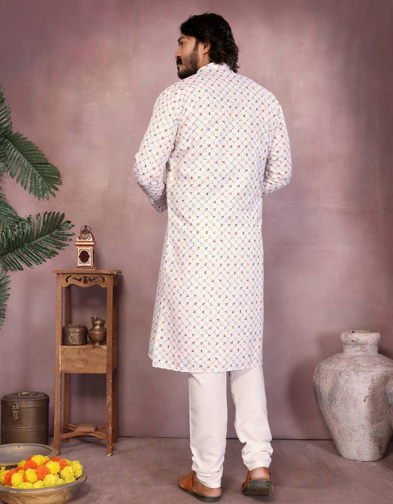 White geometric printed cotton blend band collar men's kurta pyjama set