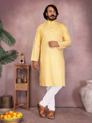Yellow woven blended cotton thread work kurta with band collar & white pyjama set for men 1