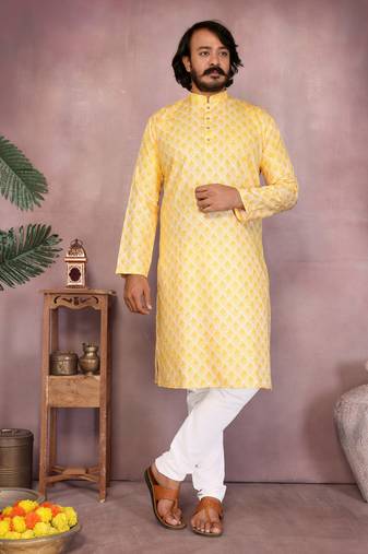 Yellow woven blended cotton thread work kurta with band collar & white pyjama set for men