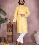 Yellow woven blended cotton thread work kurta with band collar & white pyjama set for men