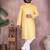 Yellow woven blended cotton thread work kurta with band collar & white pyjama set for men