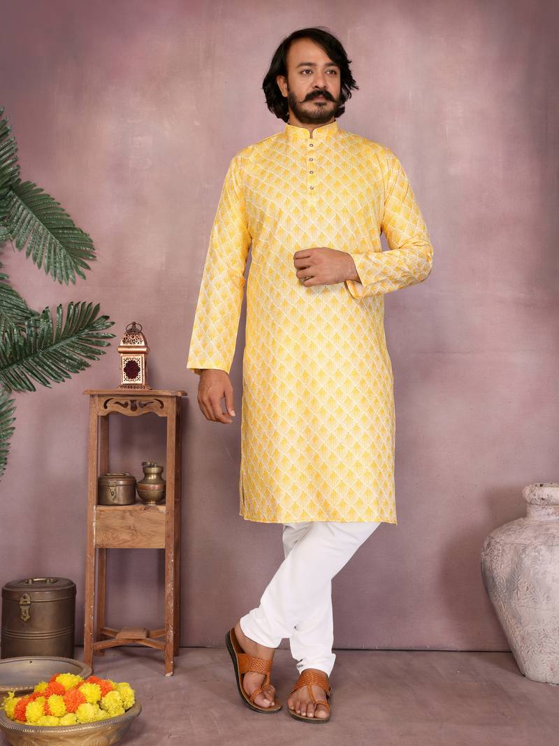 Yellow woven blended cotton thread work kurta with band collar & white pyjama set for men