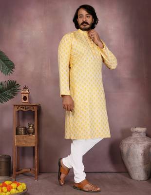 Yellow woven blended cotton thread work kurta with band collar & white pyjama set for men 2