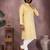 Yellow woven blended cotton thread work kurta with band collar & white pyjama set for men