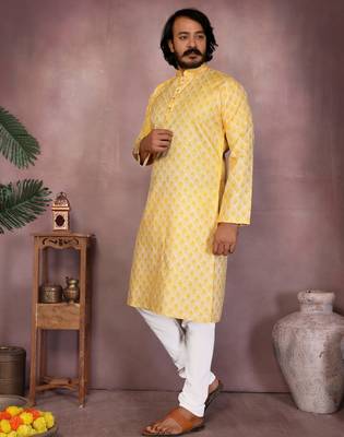 Yellow woven blended cotton thread work kurta with band collar & white pyjama set for men 3