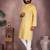 Yellow woven blended cotton thread work kurta with band collar & white pyjama set for men