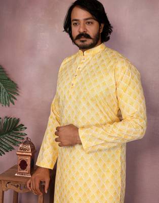 Yellow woven blended cotton thread work kurta with band collar & white pyjama set for men 4