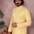 Yellow woven blended cotton thread work kurta with band collar & white pyjama set for men