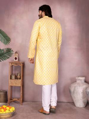 Yellow woven blended cotton thread work kurta with band collar & white pyjama set for men 5