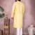 Yellow woven blended cotton thread work kurta with band collar & white pyjama set for men