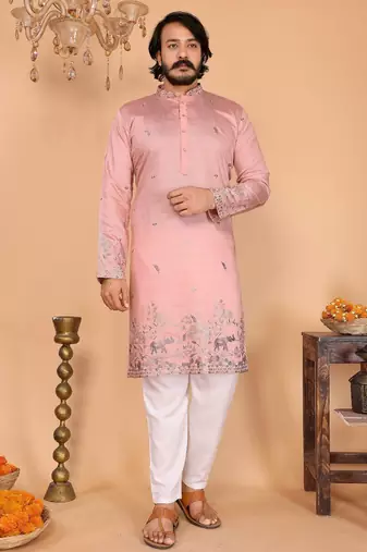 Peach embroidered linen-cotton kurta pyjama set for men | festival wedding ethnic wear