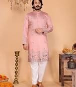 Peach embroidered linen-cotton kurta pyjama set for men | festival wedding ethnic wear